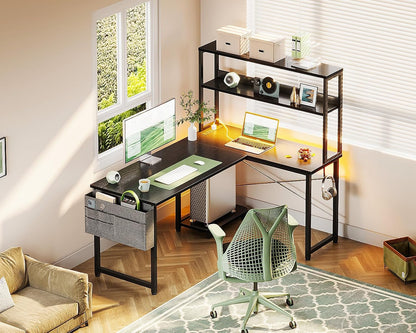 Gaming Desk with Power Outlets & LED Lights, 43 Inch Reversible L Shaped Computer Desk with Shelves & Storage Bag, Corner Desk for Home Office, Black