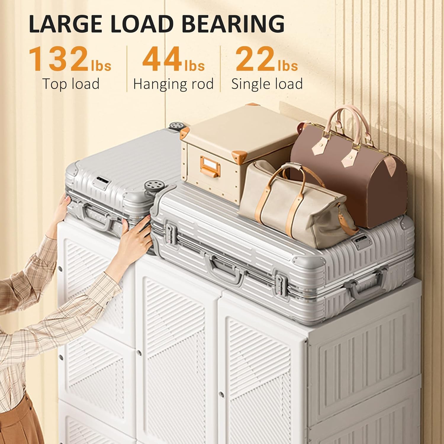Portable Wardrobe Closet, Folding Clothes Storage Organizer with 8 Cube Compartments, 2 Hanging Rods, 11 Magnet Doors, White