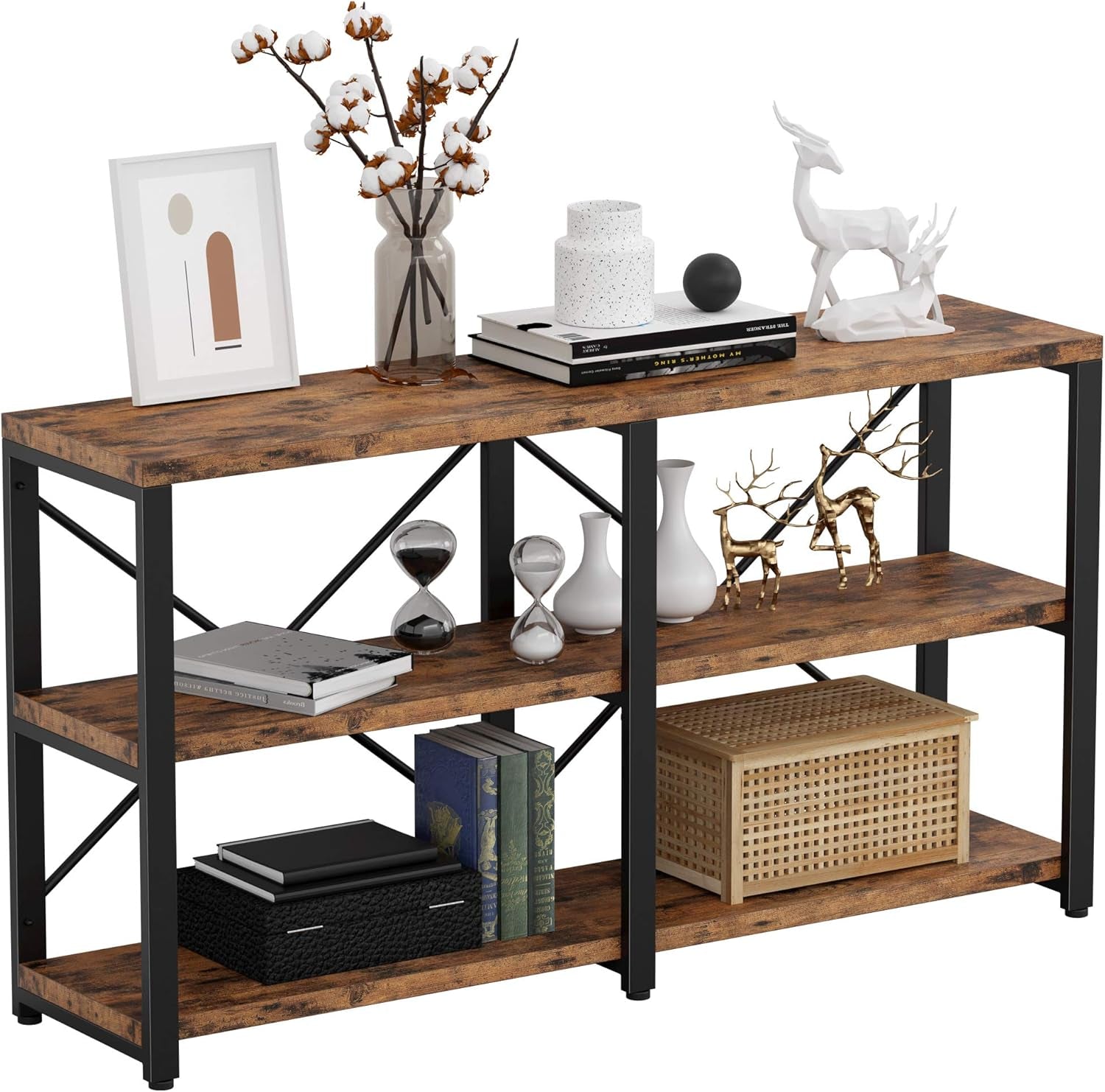 Bookshelf Double Wide 55 in 3-Tier, Industrial Bookcases, Wood and Metal Bookshelves, Book Shelves for Home Office Decor Display