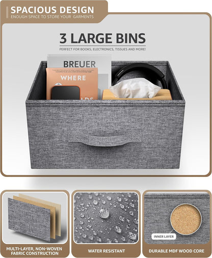 Nightstand with 3 Drawers - Bedside Furniture & Night Stand End Table Dresser with Steel Frame, Wood Top, Easy Pull Fabric Bins for Home, Bedroom Accessories, Office & Dorm