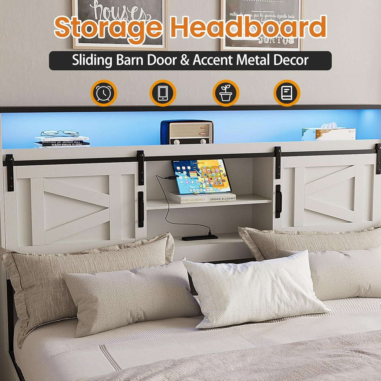 Farmhouse Queen Size Bed Frame with Headboard and Storage Ottoman, Sliding Barn Door & 4 Drawers, LED Lights and Charging Station, No Box Spring Needed, Antique White