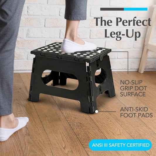 Folding Step Stool - Sturdy Enough Collapsible Stool to Support Adults and Safe Enough for Kids - Opens Easy with One Flip - Great for Kitchen, Bathroom or Bedroom (Black - 9 Inch)