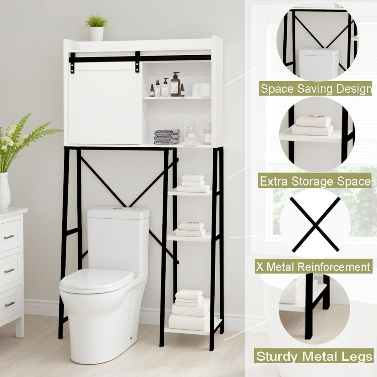 Over the Toilet Storage Cabinet, over Toilet Bathroom Organizer, above Toilet Storage Cabinet with Barn Doors behind Toilet Bathroom Organizer Toilet Paper Holder Stand Laundry Cabinet