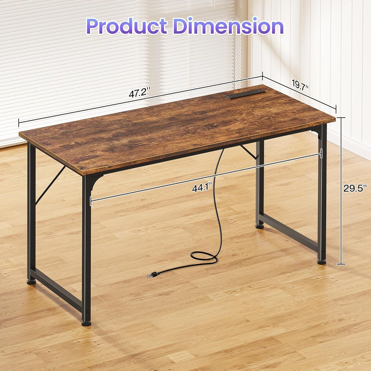 47 X 20 Inch Office Computer Desk with Power Outlets and USB-C Port, Larger Gaming Desk, for Home Office, Study, Bedroom, Writing Work from Home Table, Metal Frame, Rustic Brown