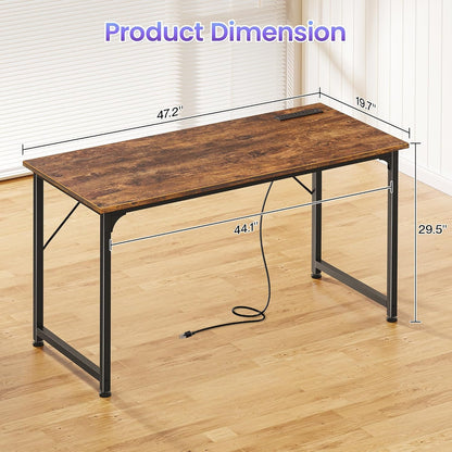 47 X 20 Inch Office Computer Desk with Power Outlets and USB-C Port, Larger Gaming Desk, for Home Office, Study, Bedroom, Writing Work from Home Table, Metal Frame, Rustic Brown
