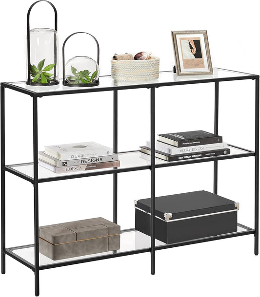 39.4 Inch Console Table with 3 Shelves, Sofa Tables, Modern Entryway Table, Metal Frame, Tempered Glass Shelf, Entryway Living Room Bedroom, Classic Black and Transparent ULGT027B01
