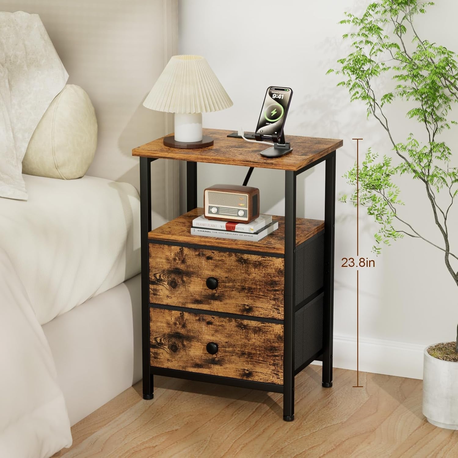 Night Stand, Nightstand with Charging Station, End Table with Storage 2 Fabric Drawers for Bedroom, Small Bed Side Table with USB Ports and Outlets for Living Room, Brown, HETS020BR-1