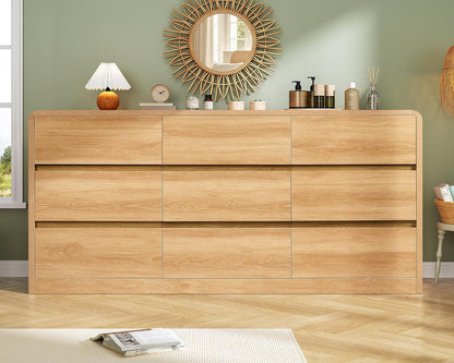 9 Drawer Dresser for Bedroom, 63" Wide Dressers & Chest of Drawers with Curved Profile Design, Wood Closet Storage Dressers Organizer for Bedroom, Living Room, Natural