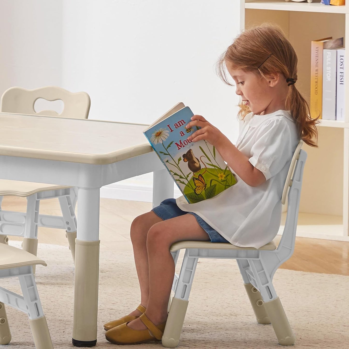 Height-Adjustable Kids Table and 4 Chairs Set, Toddler Table and Chair Set with Graffiti Desktop, 31.5''L X 23.6''W Children Activity Table for Daycare, Classroom, Home