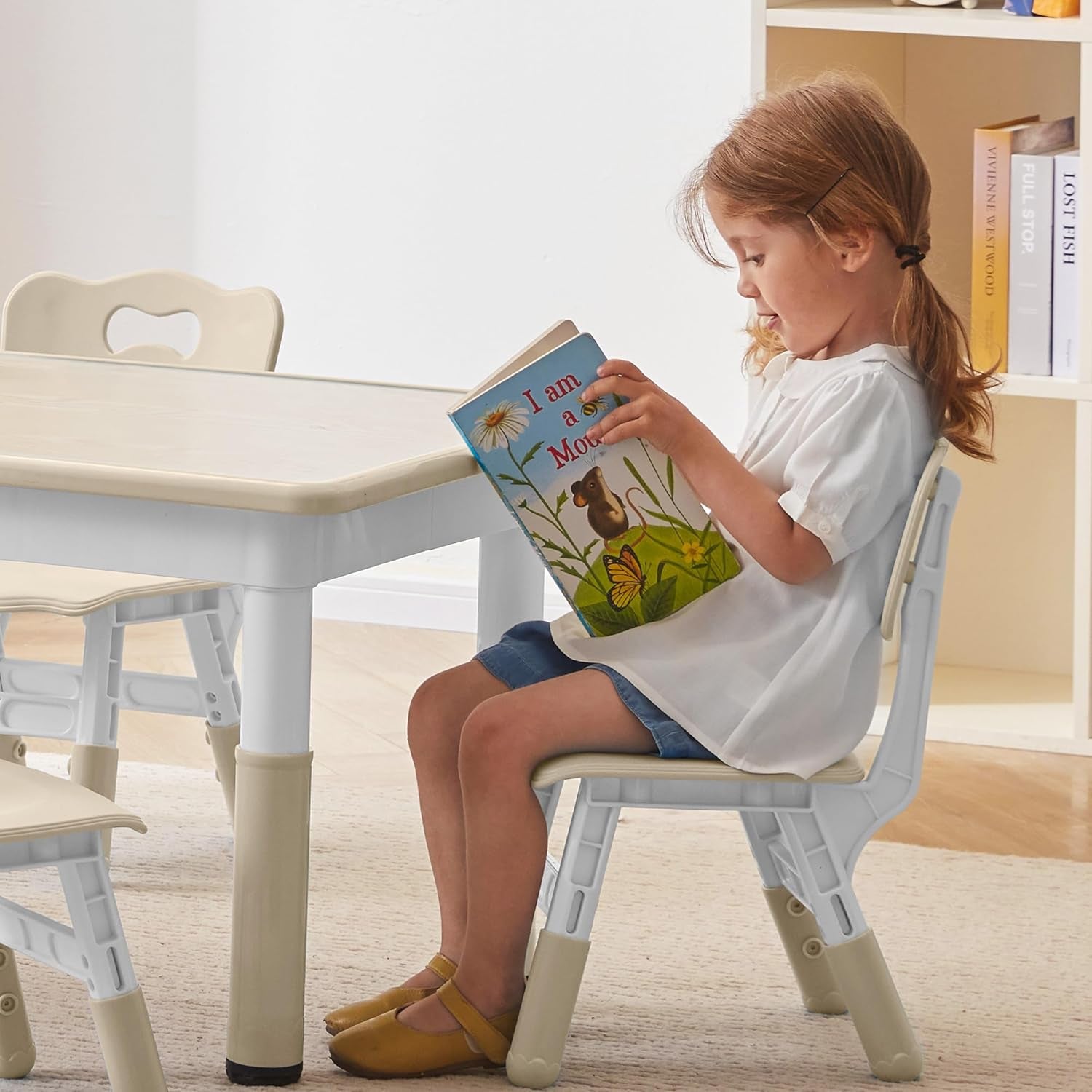 Height-Adjustable Kids Table and 4 Chairs Set, Toddler Table and Chair Set with Graffiti Desktop, 31.5''L X 23.6''W Children Activity Table for Daycare, Classroom, Home