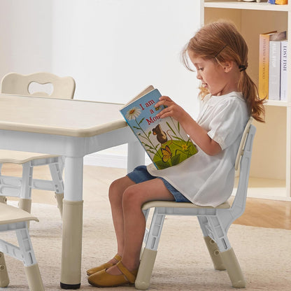 Height-Adjustable Kids Table and 4 Chairs Set, Toddler Table and Chair Set with Graffiti Desktop, 31.5''L X 23.6''W Children Activity Table for Daycare, Classroom, Home