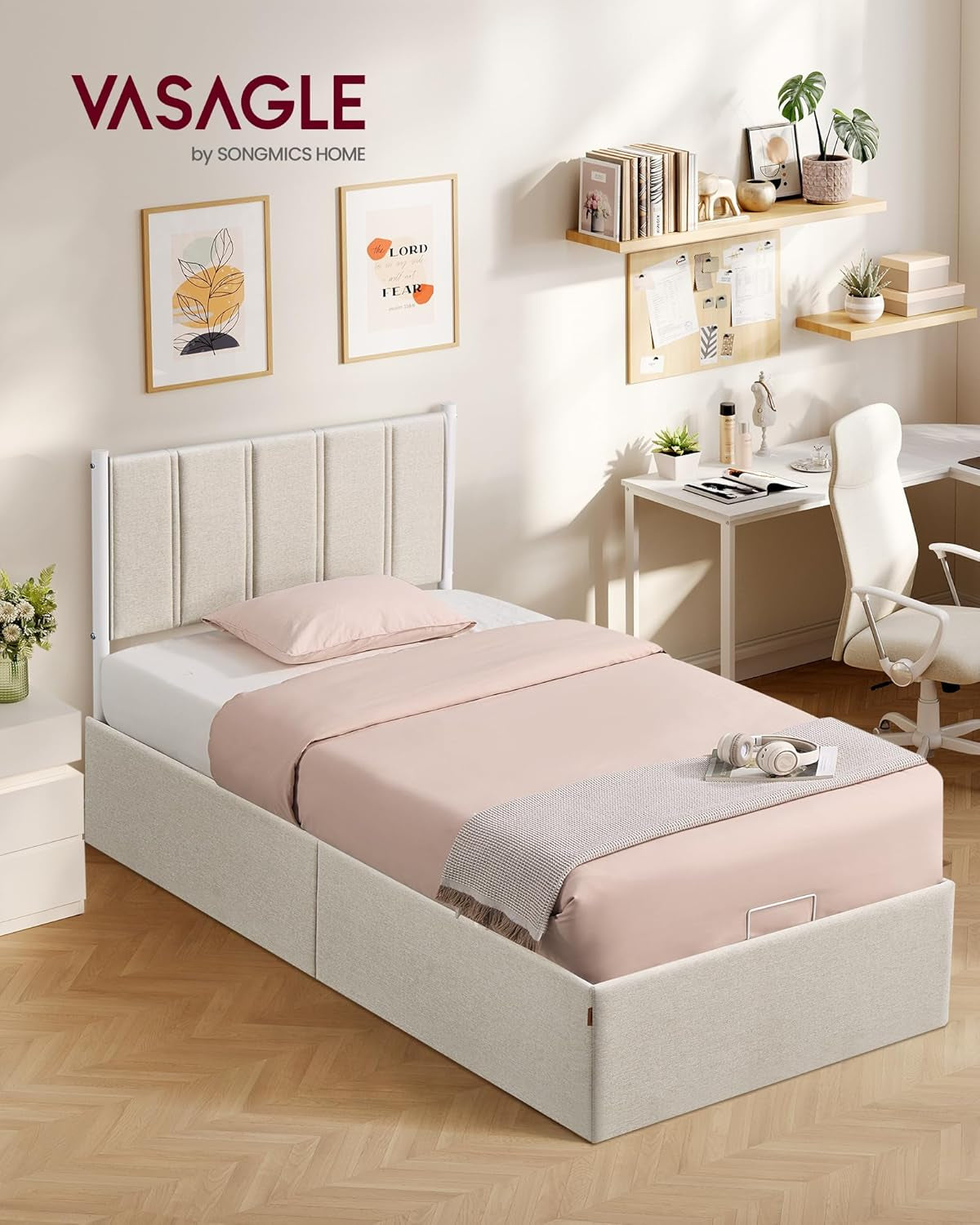 Lift up Storage Bed Frame Twin Size, Hydraulic Platform Bed, with Upholstered Headboard, 550 Lb Weight Capacity, No Box Spring Needed, Easy Assembly, Modern, Cappuccino Beige URMB603W01