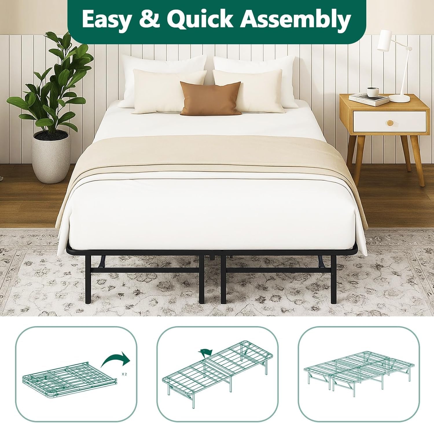 Queen Folding Platform Bed Frame, Heavy Duty Steel Construction with 14" Storage, Tool-Free Assembly, No Box Spring Required