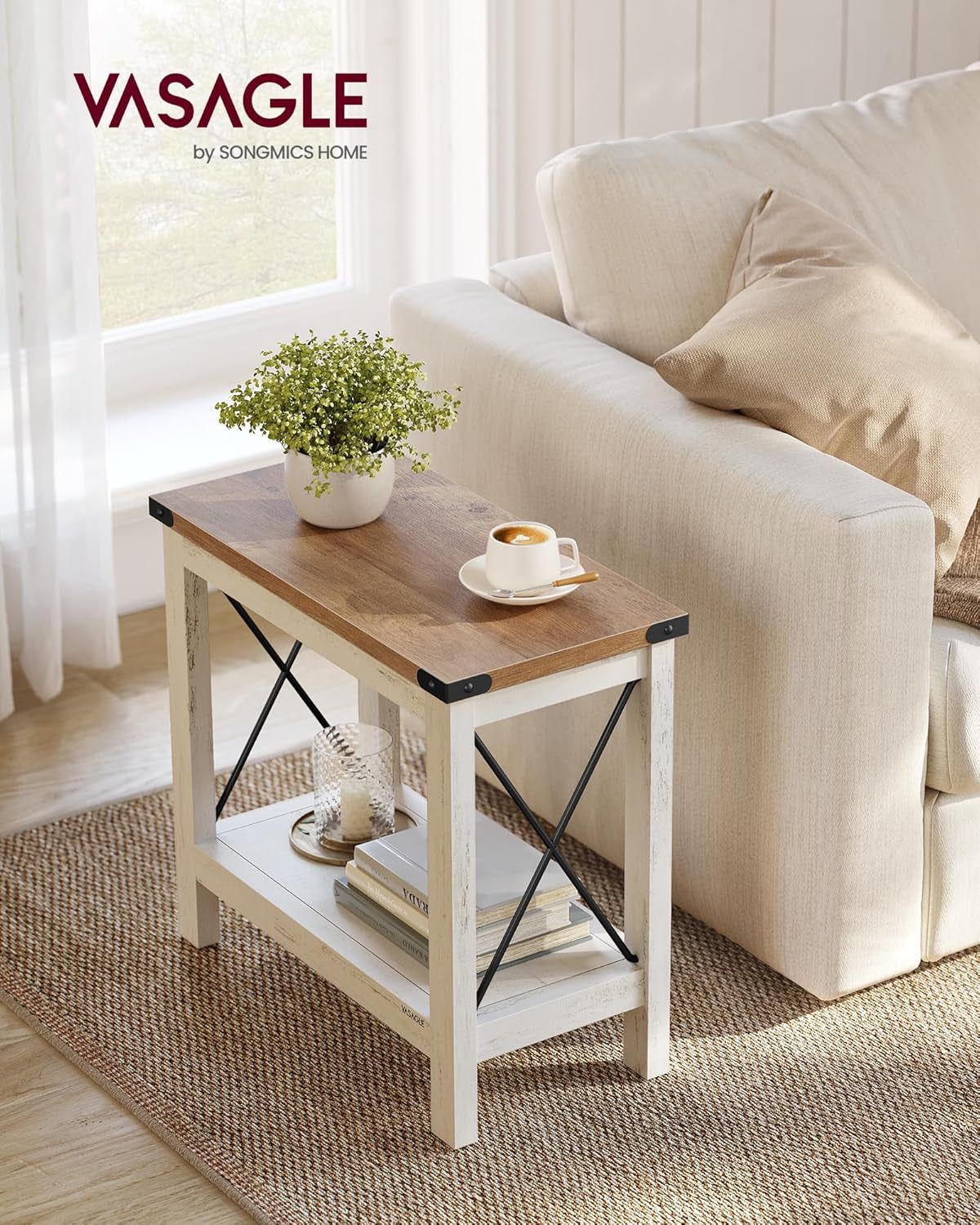 2-Tier End Table, Side Table with Bottom Shelf, Nightstand for Small Spaces, for Living Room, Bedroom, Farmhouse Style, Rustic White and Honey Brown ULET235W01
