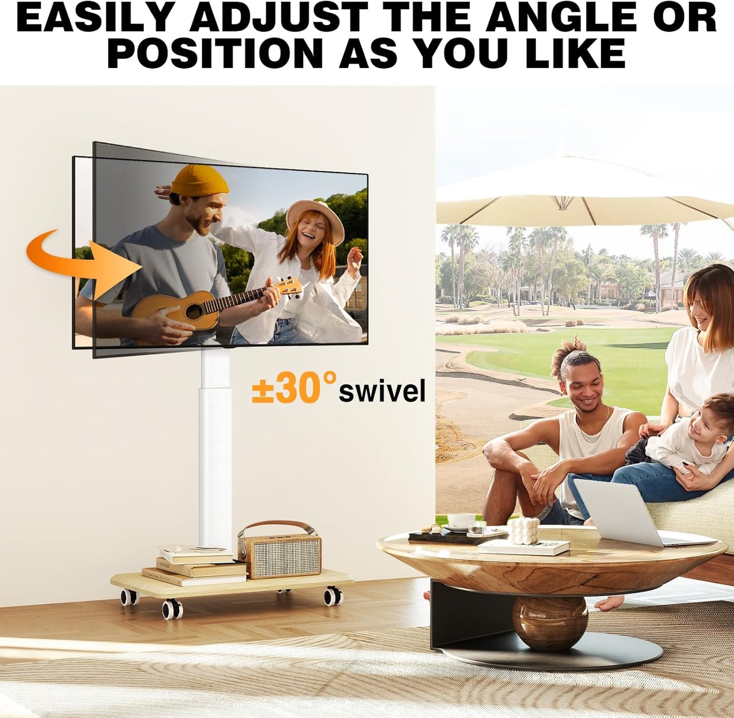 Rolling TV Stand for 32 to 65 70 Inch Tvs, Elegant Floor TV Stand with Wheels, Mobile TV Cart with 9 Levels of Height Adjustment for Optimal Viewing, White Floor Stand for Living Room