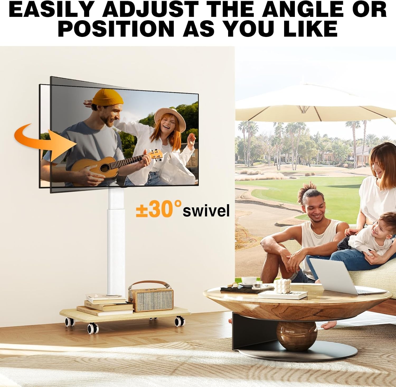 Rolling TV Stand for 32 to 65 70 Inch Tvs, Elegant Floor TV Stand with Wheels, Mobile TV Cart with 9 Levels of Height Adjustment for Optimal Viewing, White Floor Stand for Living Room