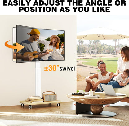 Rolling TV Stand for 32 to 65 70 Inch Tvs, Elegant Floor TV Stand with Wheels, Mobile TV Cart with 9 Levels of Height Adjustment for Optimal Viewing, White Floor Stand for Living Room
