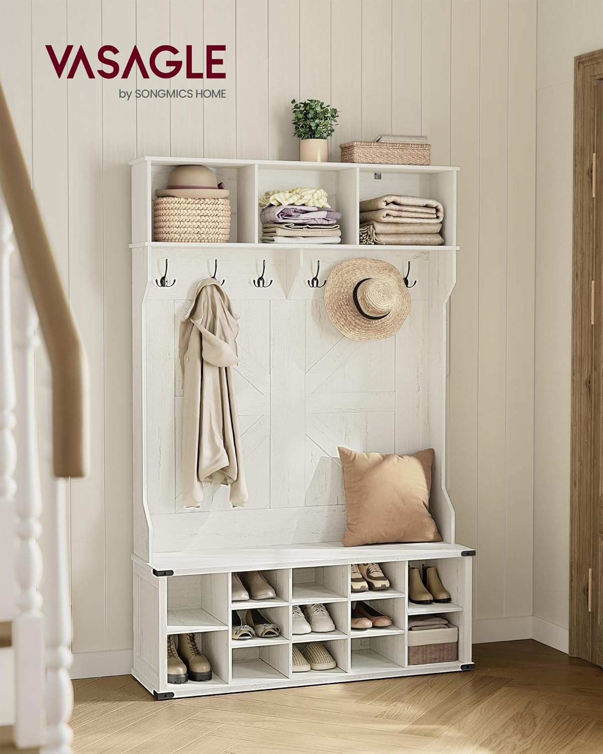 Hall Tree with Bench and Shoe Storage, Coat Rack with Shoe Bench, Entryway Furniture, 16 Open Compartments, 6 Tri-Hooks, Farmhouse Style, Space Saving, Rustic White UHSR427W02