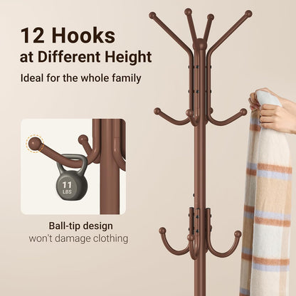 Coat Rack Freestanding, Metal Coat Rack Stand with Umbrella Holder, Modern Coat Tree with 12 Hooks, Floor Standing Corner Hall Tree for Entryway Living Room Bedroom Office, Brown