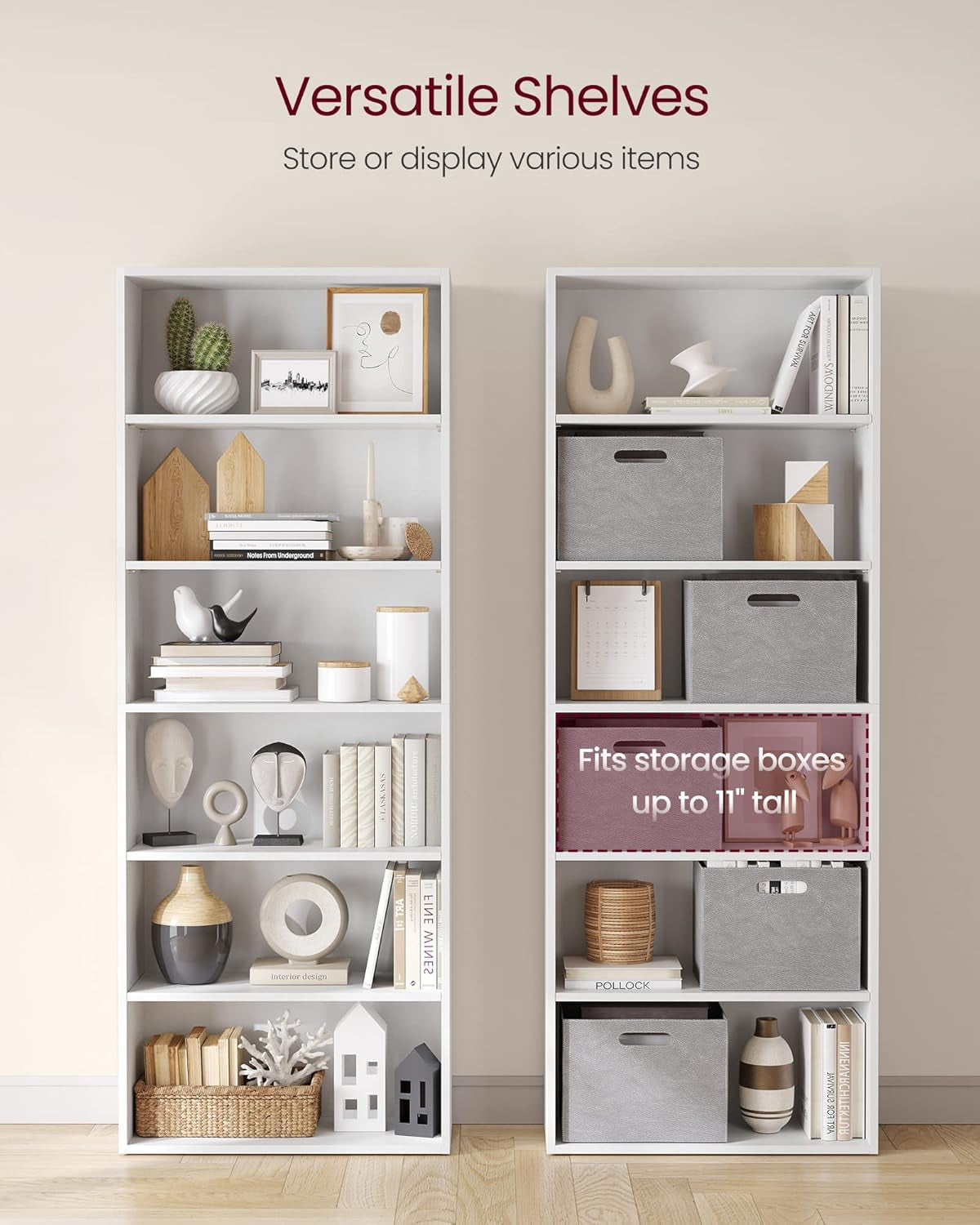 Set of 2 Bookshelves, 30 Inches Wide, 5-Tier Open Bookcases with Adjustable Storage Shelves, Floor Standing Units, Cloud White ULBC175T14-2