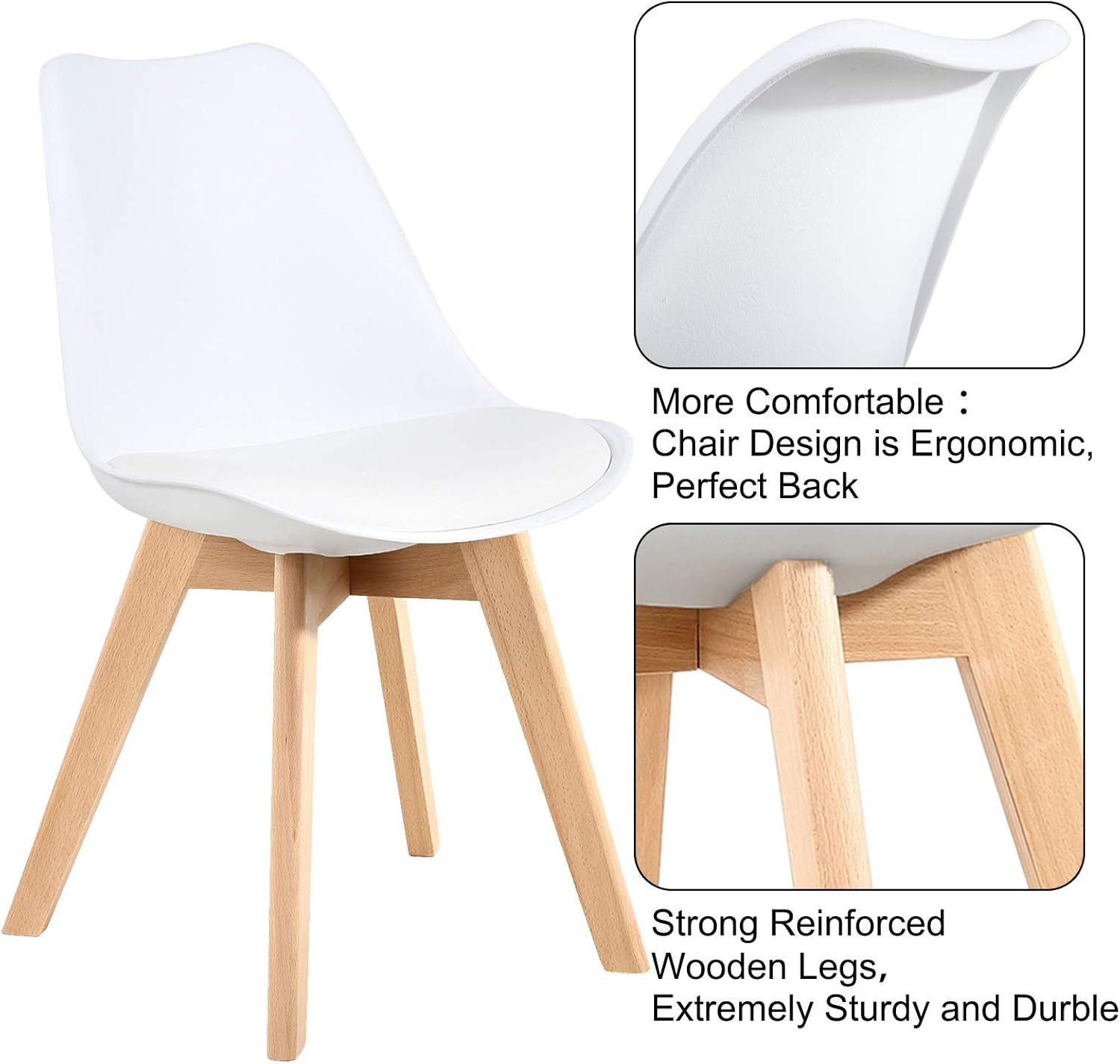 Mid Century Modern Dining Chairs,Shell Lounge Plastic Side Chair with Soft Padded and Wooden Legs for Dining Room Living Room Bedroom Kitchen Set of 2 (White)