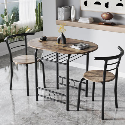 3-Piece Wooden round Table & Chair Set, Space Saving Kitchen Breakfast Nook Wood Grain Tabletop with Metal Frame and Built-In Wine Rack for Kitchen, Dining Room (Walnut/Black)