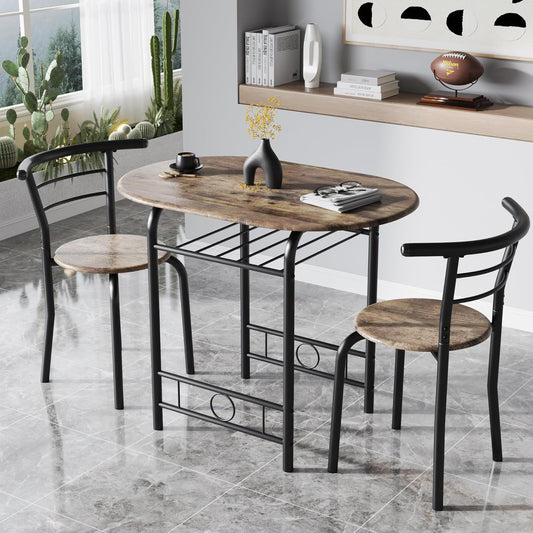 3-Piece Wooden round Table & Chair Set, Space Saving Kitchen Breakfast Nook Wood Grain Tabletop with Metal Frame and Built-In Wine Rack for Kitchen, Dining Room (Walnut/Black)