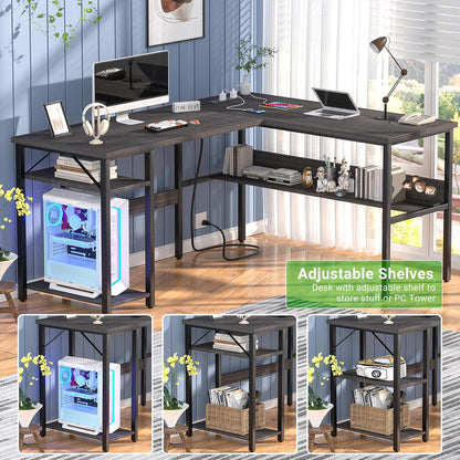 Reversible L Shaped Desk with Magic Power Outlets and USB Charging Ports, Sturdy Corner Computer Desk with Storage Shelves, Gaming Desk for Home Office, Easy to Assemble, Black Oak