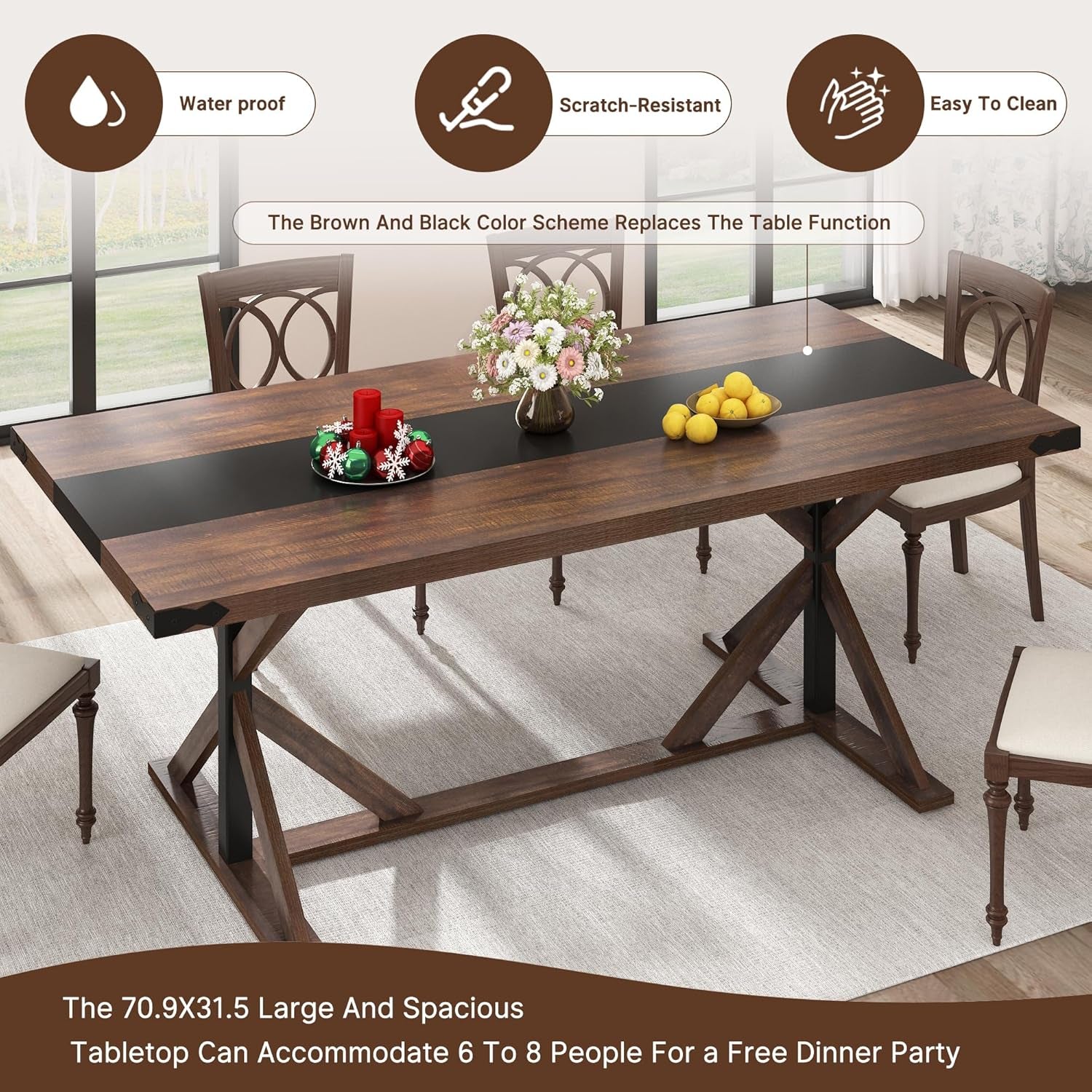 71 Inch Dining Table for 6 People, Rectangular Kitchen Farmhouse Table W/Thickness Waterproof Wood Tabletop,Long Dining Room Tables W/Wood Strip Base for Kitchen Living Room(Br)