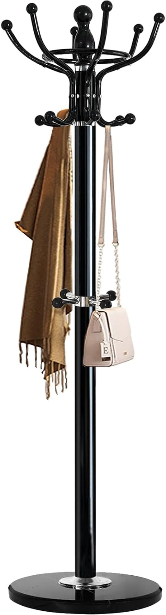 Freestanding Coat Rack with 16 Hooks & Marble Base - Heavy Duty Metal Hall Tree Stand for Entryway, Hats, Coats, Bags Rack- Modern Hanger Organizer for Home, Office, Dorm (16 Hooks -Black)