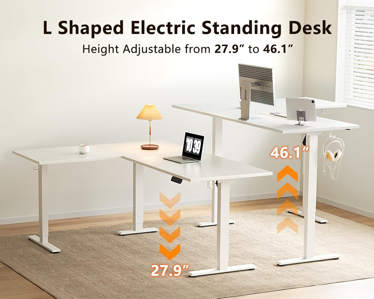 63 Inch Electric L-Shaped Standing Desk, Reversible Corner Desk with Height Adjustment, Large Ergonomic Workstation for Home Office, Reception Room, White