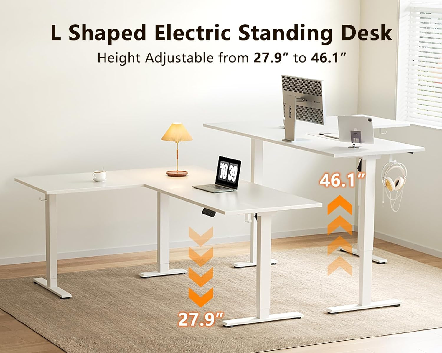 63 Inch Electric L-Shaped Standing Desk, Reversible Corner Desk with Height Adjustment, Large Ergonomic Workstation for Home Office, Reception Room, White