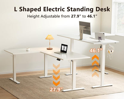 63 Inch Electric L-Shaped Standing Desk, Reversible Corner Desk with Height Adjustment, Large Ergonomic Workstation for Home Office, Reception Room, White