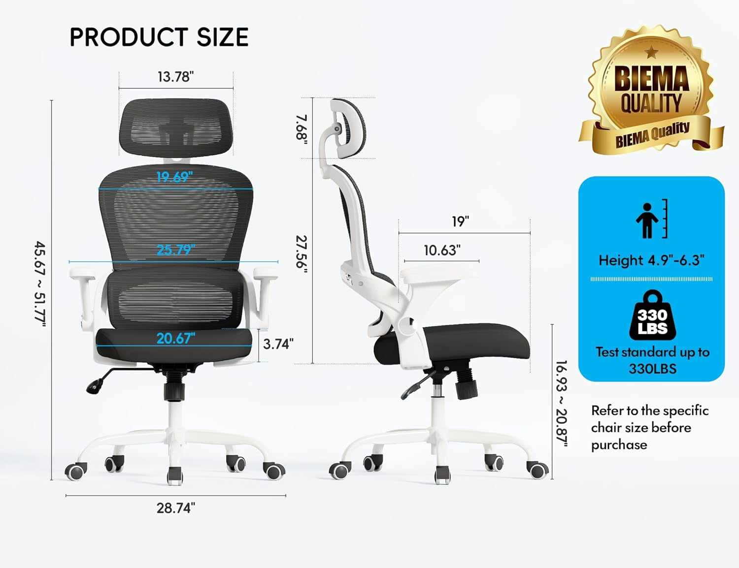 Office Chair - Ergonomic Office Chair with Back Support, Computer Chair - Home Office Desk Chairs, 330Lbs Wide Seat Big and Tall Office Chairs with Headrest, Comfy Desk Chairs (White Black)