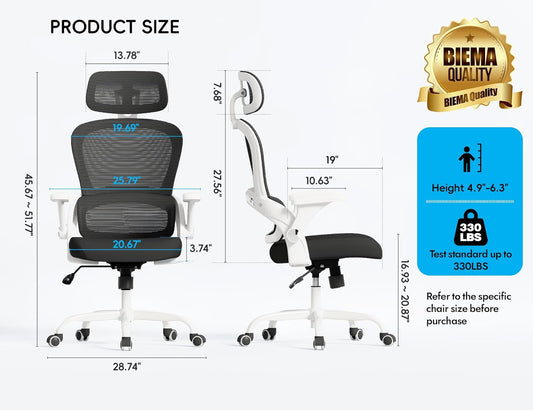 Office Chair - Ergonomic Office Chair with Back Support, Computer Chair - Home Office Desk Chairs, 330Lbs Wide Seat Big and Tall Office Chairs with Headrest, Comfy Desk Chairs (White Black)