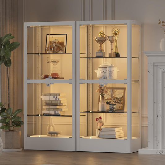 4-Sided Glass Display Cabinet with Lock & 13 Color Light, Lighted Curio Cabinet with Glass Door & Adjustable Shelves, Metal Display Case for Collectibles Figures Wine China, 28" W White