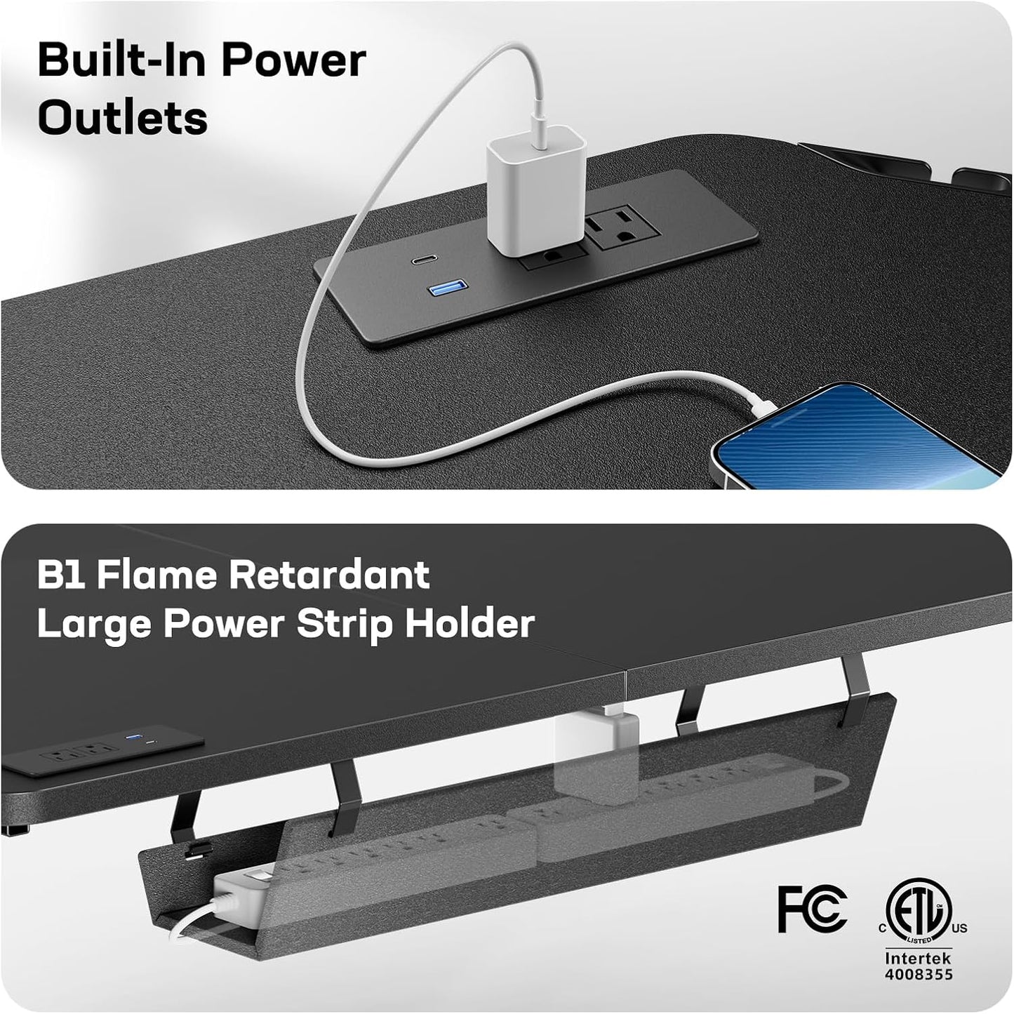 63″ Dual Motor L-Shaped Standing Desk, Built-In Power Outlets, Electric Height Adjustable Corner Computer Desk, Large Power Strip Holder, Sit Stand up Desk with 3 Preset Heights, Black