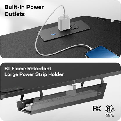 63″ Dual Motor L-Shaped Standing Desk, Built-In Power Outlets, Electric Height Adjustable Corner Computer Desk, Large Power Strip Holder, Sit Stand up Desk with 3 Preset Heights, Black