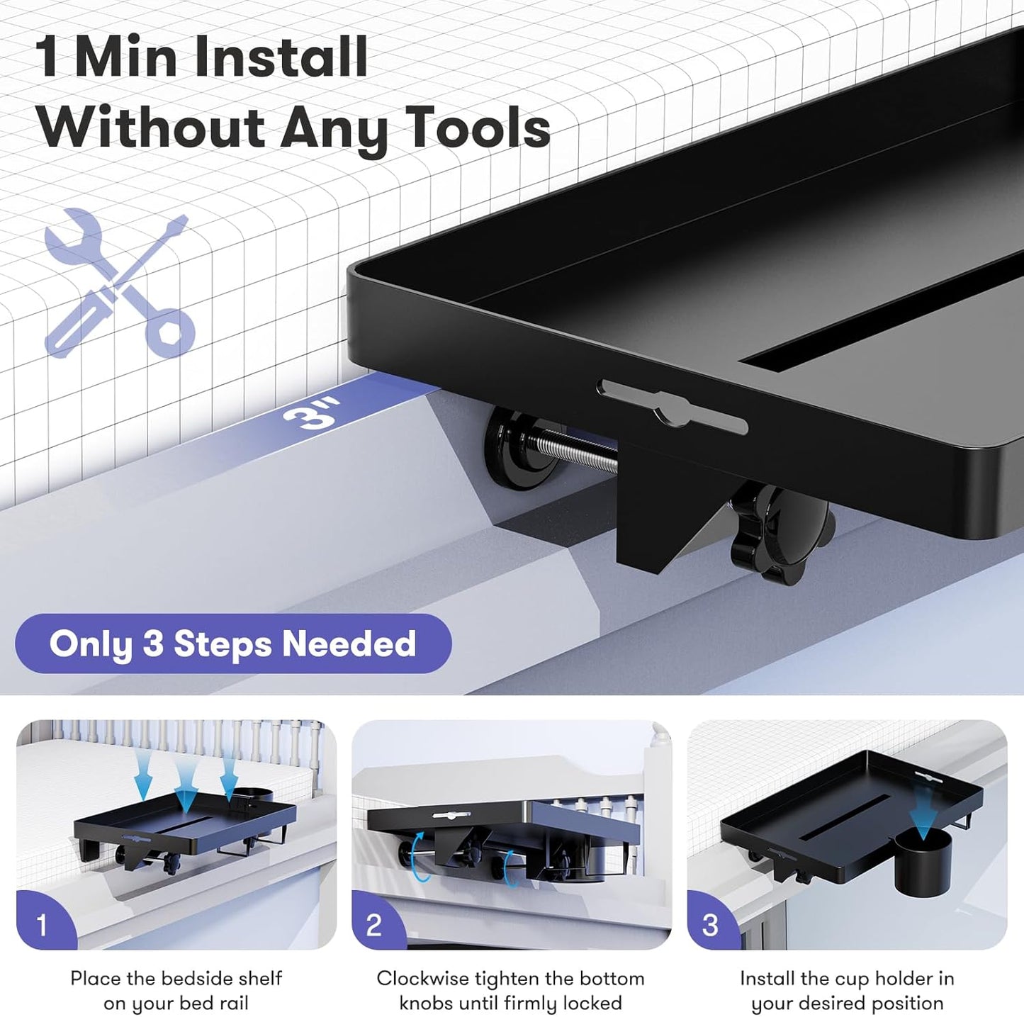 Bedside Shelf, Bunk Bed Table Shelf for Top Bunk, Black Clip on Nightstand with Removable Cup Holder&Power Strip Holder,Bunk Bed Tray for Dorm Bed&Loft Bed,College Dorm Room Essential(Updated Version)