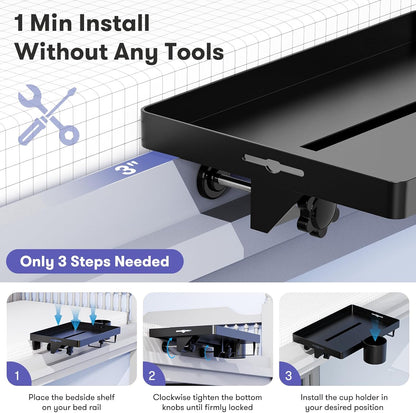 Bedside Shelf, Bunk Bed Table Shelf for Top Bunk, Black Clip on Nightstand with Removable Cup Holder&Power Strip Holder,Bunk Bed Tray for Dorm Bed&Loft Bed,College Dorm Room Essential(Updated Version)