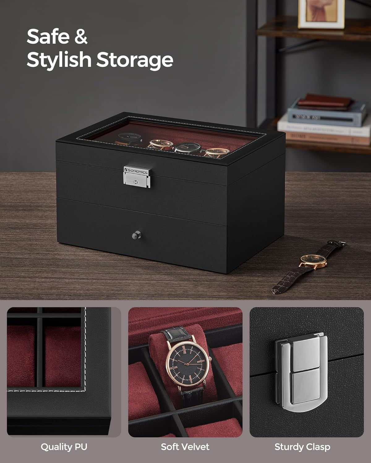 Watch Box, 20-Slot Watch Case Organizer with Large Glass Lid, Removable Pillows, Metal Lock, Gift for Loved Ones, Black Synthetic Leather, Wine Red Lining UJWB020R01