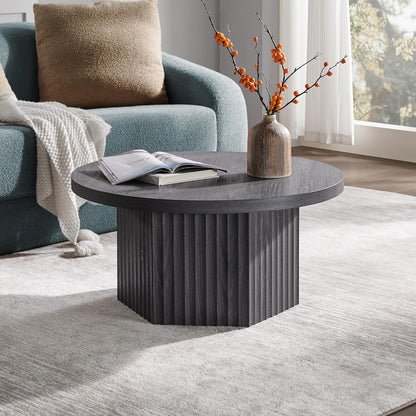 round Coffee Table for Living Room, Mid Century Modern Fluted Center Coffee Table with Storage, 32" Circle Accent Tea Dining Table for Apartment, Dark Grey Alder