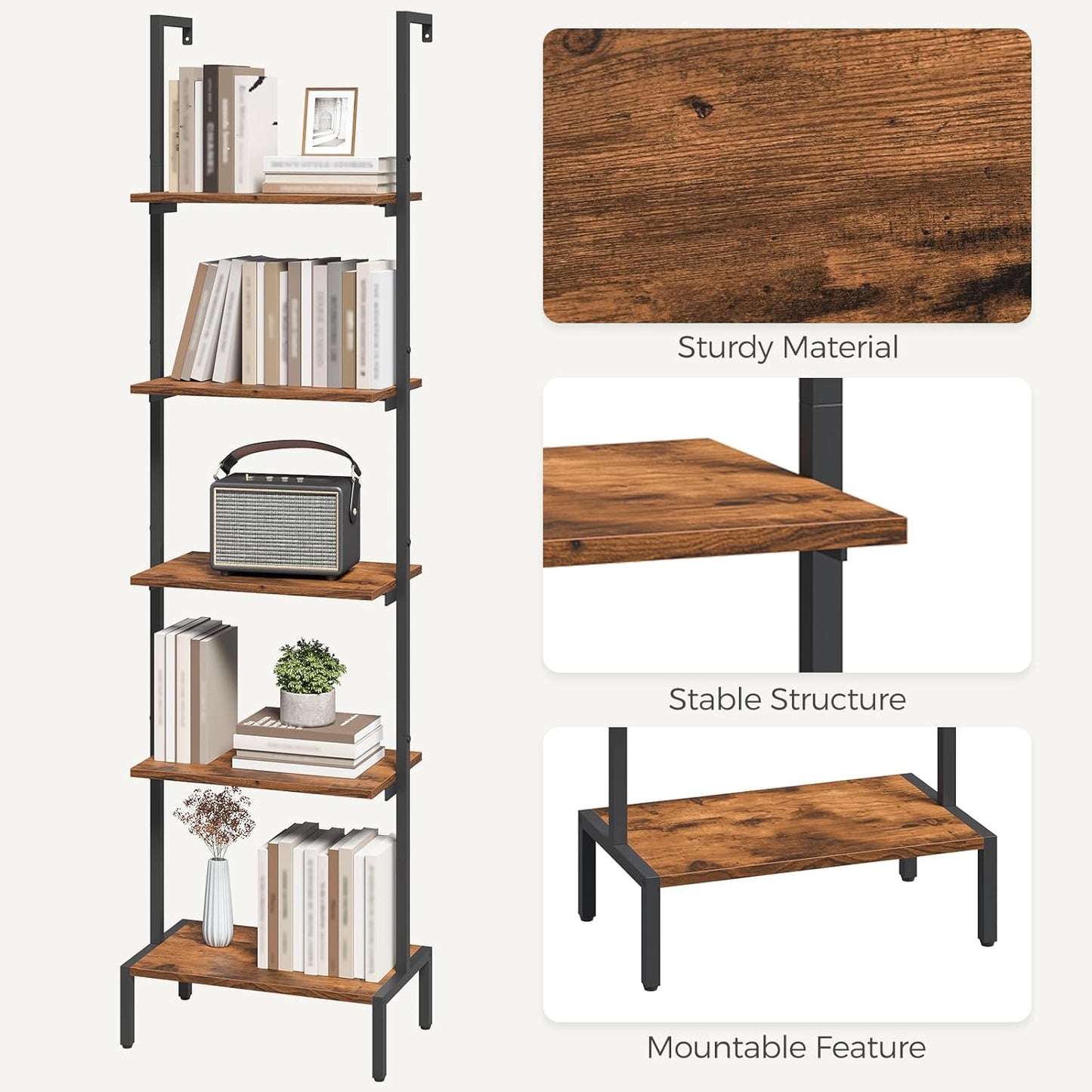 Ladder Shelf, 5-Tier Bookshelf, Ladder Bookcase with Wall Mount, Heavy Duty Industrial Style Storage Rack for Living Room, Office, Kitchen, Bedroom, Rustic Brown and Black LSHR5501