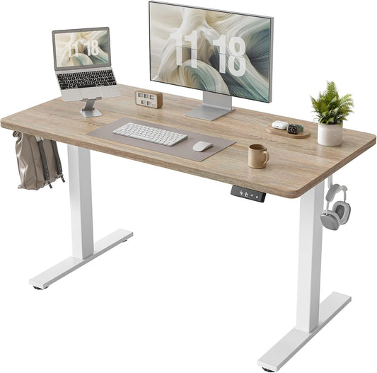 Electric Height Adjustable Standing Desk 47.2×23.6 Inch, Sit Stand Desk with Splice Board, Memory Controller, White Frame & Maple Top Computer Workstation for Home Office