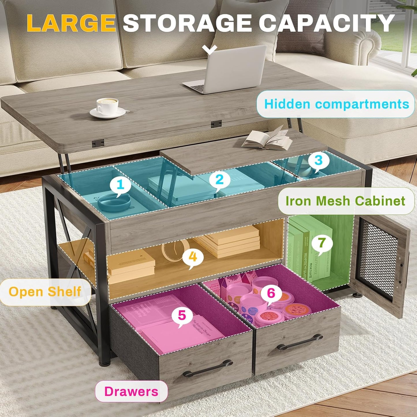 40" Lift Top Coffee Table, 4 in 1 Coffee Tables with Storage Cabinet for Living Room, Small Farmhouse Coffee Table with 2 Fabric Drawers & LED Light for Dining Room, Grey