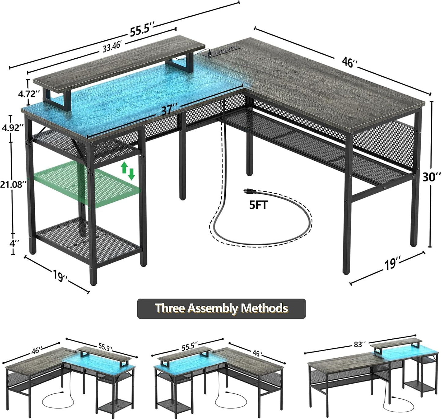 L Shaped Computer Desk with Magic Power Outlets and Smart LED Light, Reversible 55 Inch Corner Office Desk with Monitor Stand, Unique Grid Design, Gaming Table with Storage, Black Oak