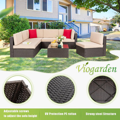 7 Pieces Patio Furniture Sets, Outdoor Modular Sectional Sofa Patio Conversation Set PE Rattan Wicker Sectional Couch with Cushion, Glass Table for Patio, Garden, Poolside, Beige