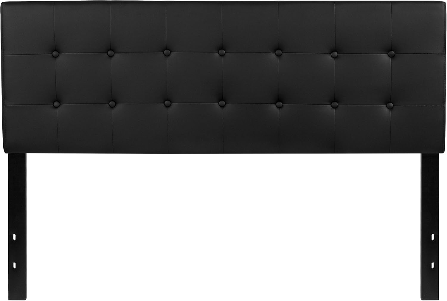 Lennox Adjustable Height Button Tufted and Box Stitch Upholstered Queen Size Headboard in Black Vinyl
