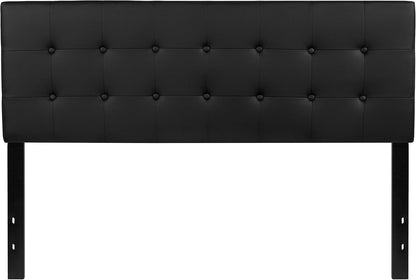 Lennox Adjustable Height Button Tufted and Box Stitch Upholstered Queen Size Headboard in Black Vinyl