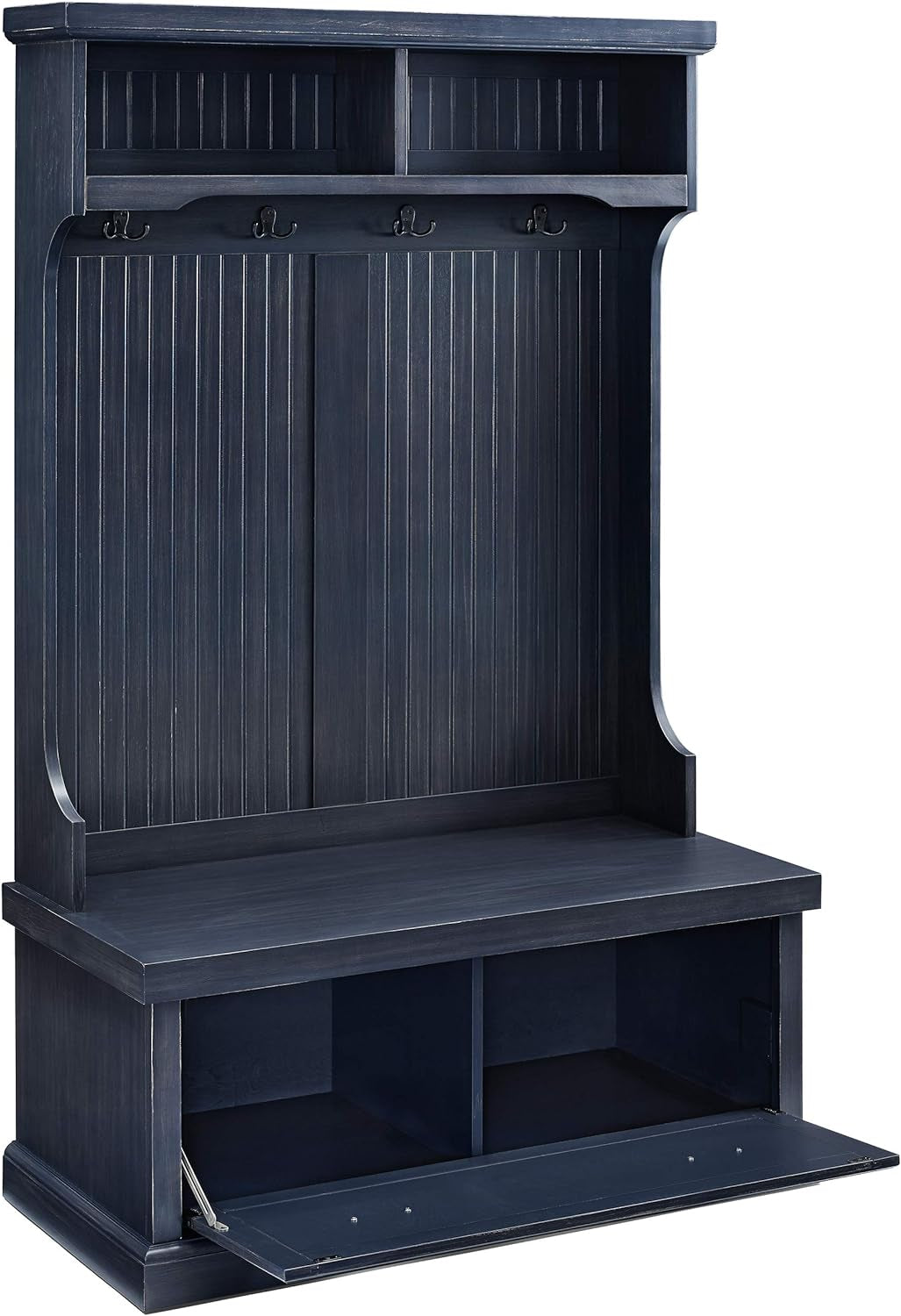 Seaside Hall Tree with Shoe Rack Bench and Coat Hooks for Hanging Storage, Distressed Navy